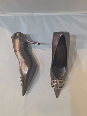 Balenciaga Metallic Bronze Pointed Toe Stiletto Pumps with Interlocking Logo